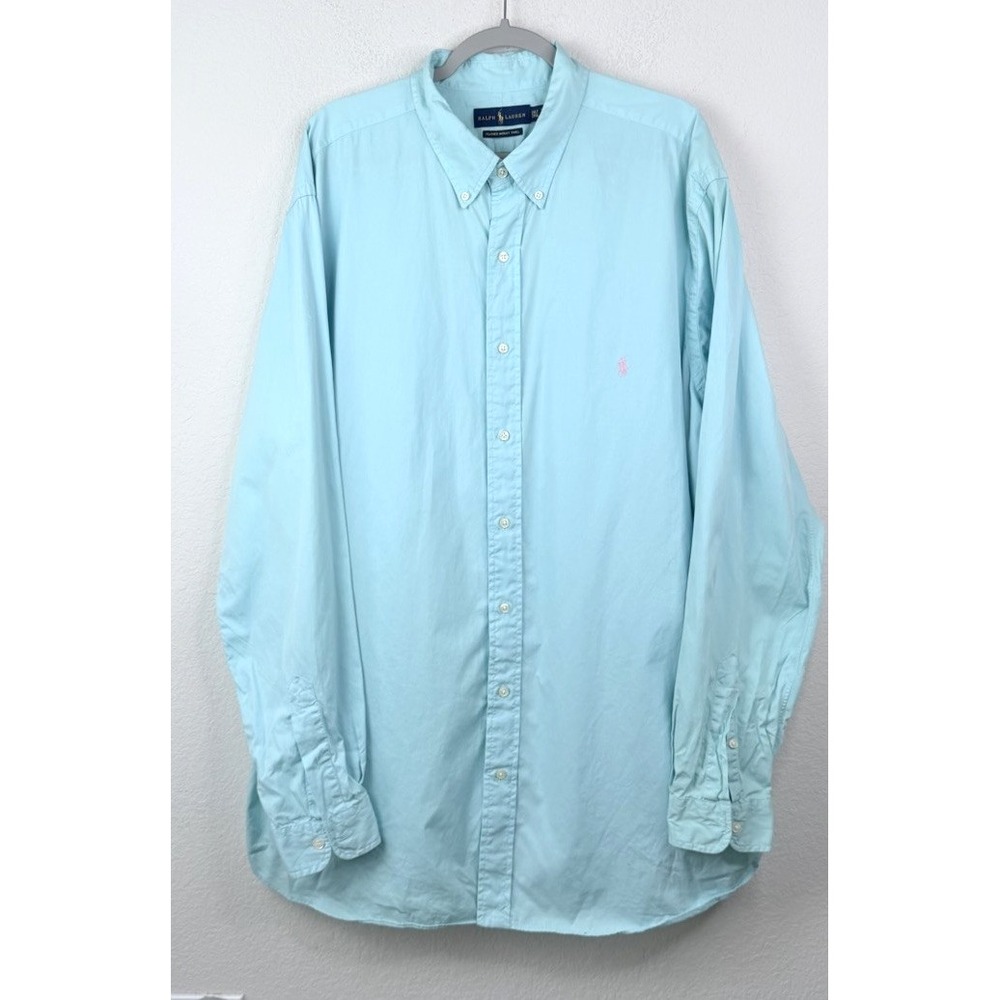 Ralph Lauren Feather Weight Twill Button Down Shirt 2XLT Aqua Blue Quiet Luxury